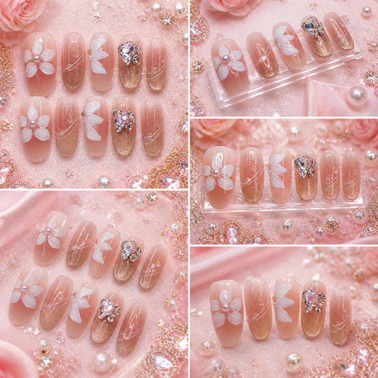 Blush Champagne Bloom Press-On Nails ✨🌸 Size M