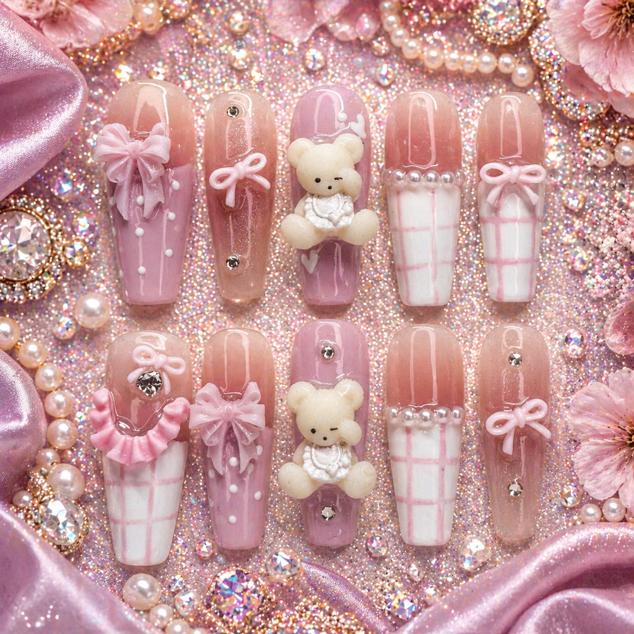 Sweet Teddy Princess Press-On Nails 🧸🎀✨ Size M