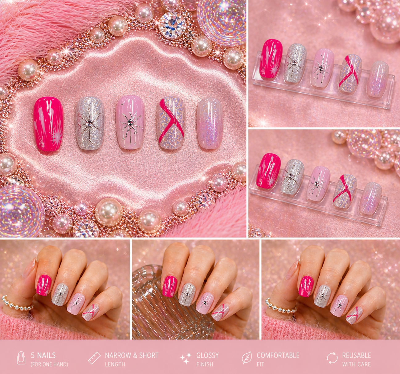 Pink Stardust Ribbon Press-On Nails 🎀✨ Size M