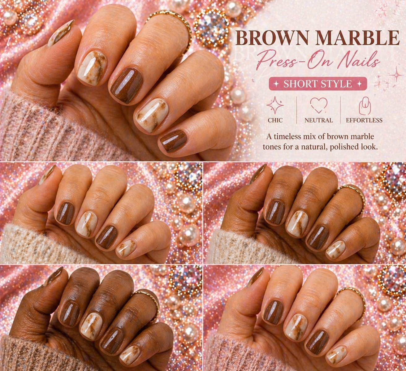 Mocha Marble Glow ✨ | Glossy Neutral Press-On Nail Set Size L