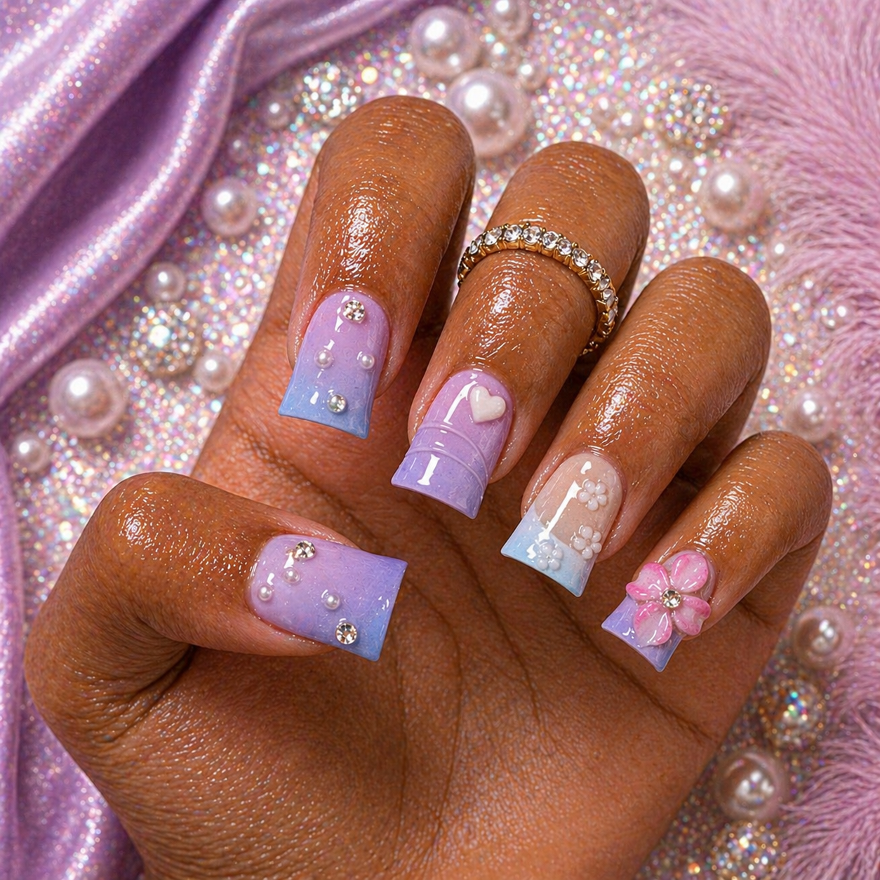 Pastel Blossom Short Press-On Nails 🌸💜 Size M
