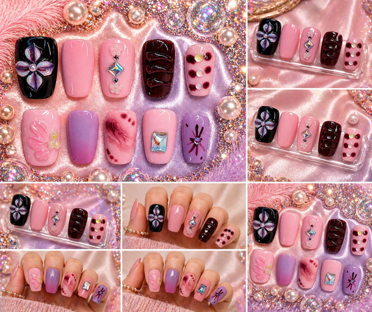 Blush Velvet Glam Press-On Nails (5 Nail Set) | Short Almond Pink & Burgundy Size M