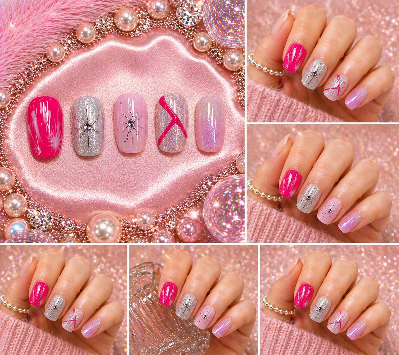 Pink Ice Bling Press-On Nails (5 Nail Set) | Short Narrow Glossy Set Size M