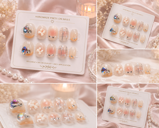 Blush Crystal Princess Press-On Nails 👑🤍✨ Size L