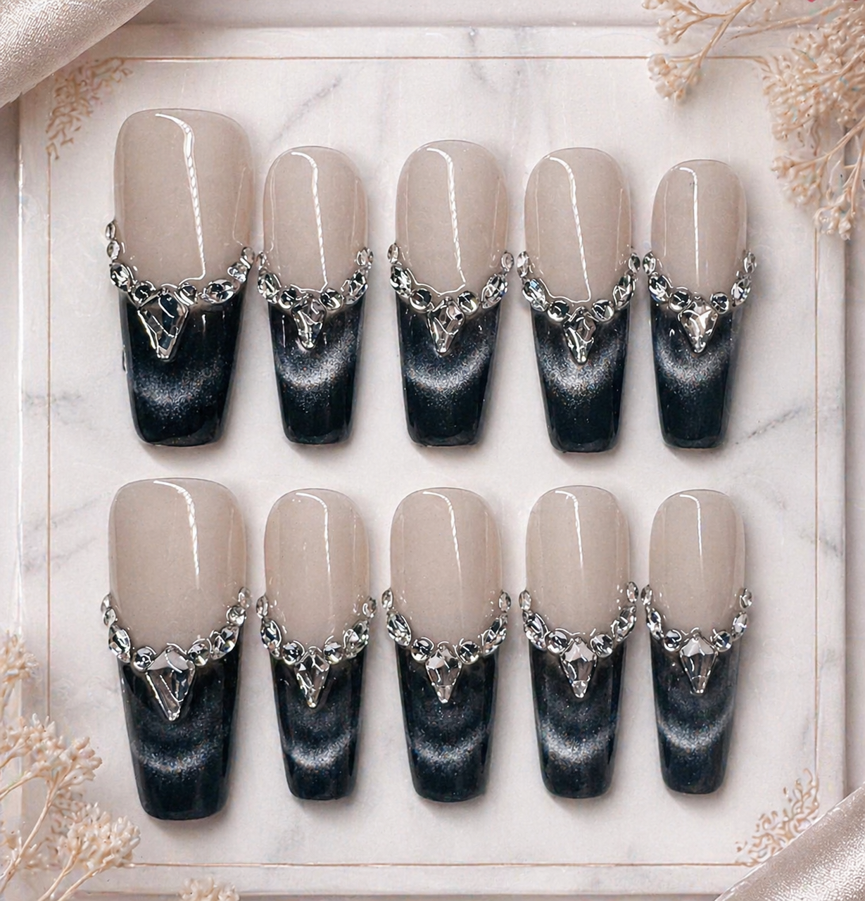 Midnight Crown French Tip Press-On Nails 🖤✨ Size M