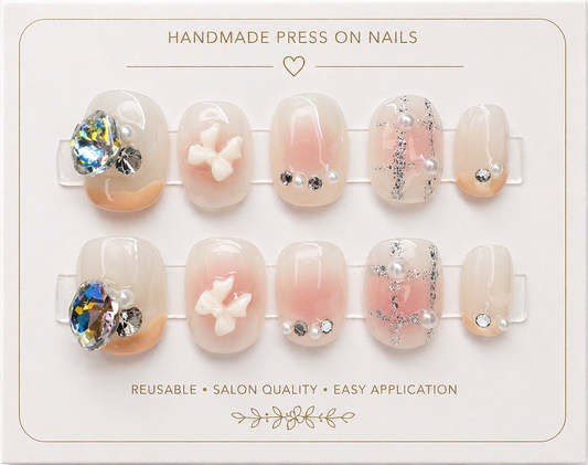 Blush Crystal Princess Press-On Nails 👑🤍✨ Size L
