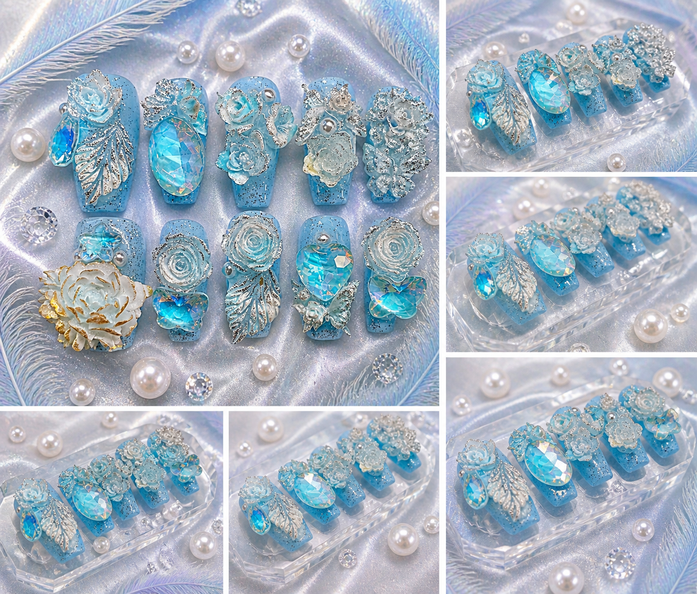❄️ Icy Blue Royal Bloom Press-On Nails 💎 Size M