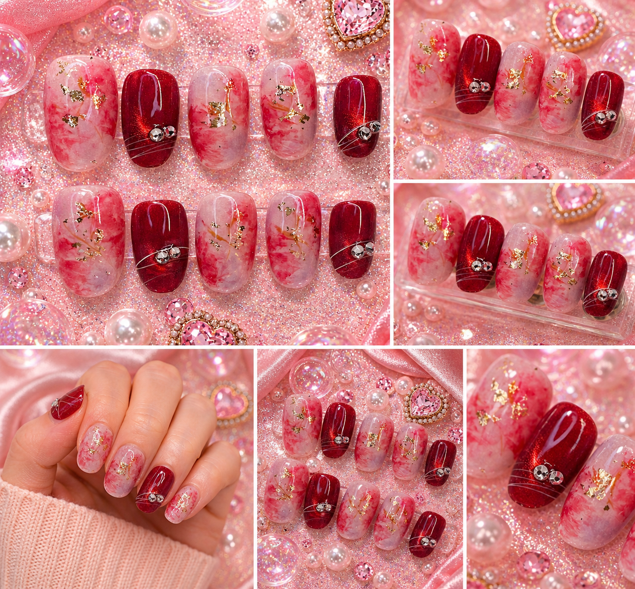 Ruby Blush Marble Press-On Nails ❤️✨ Size M