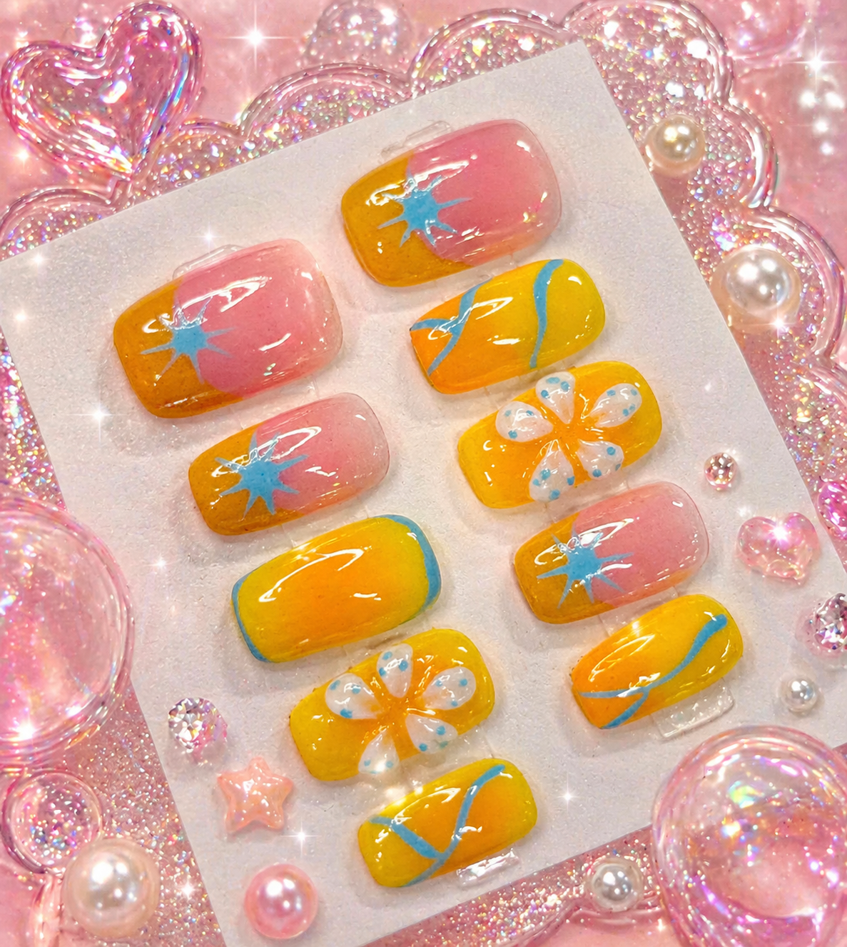 Sunset Splash Press-On Nails | Glossy Summer Star & Floral Set Size M