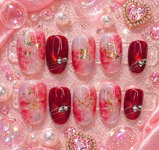 Ruby Blush Marble Press-On Nails ❤️✨ Size M