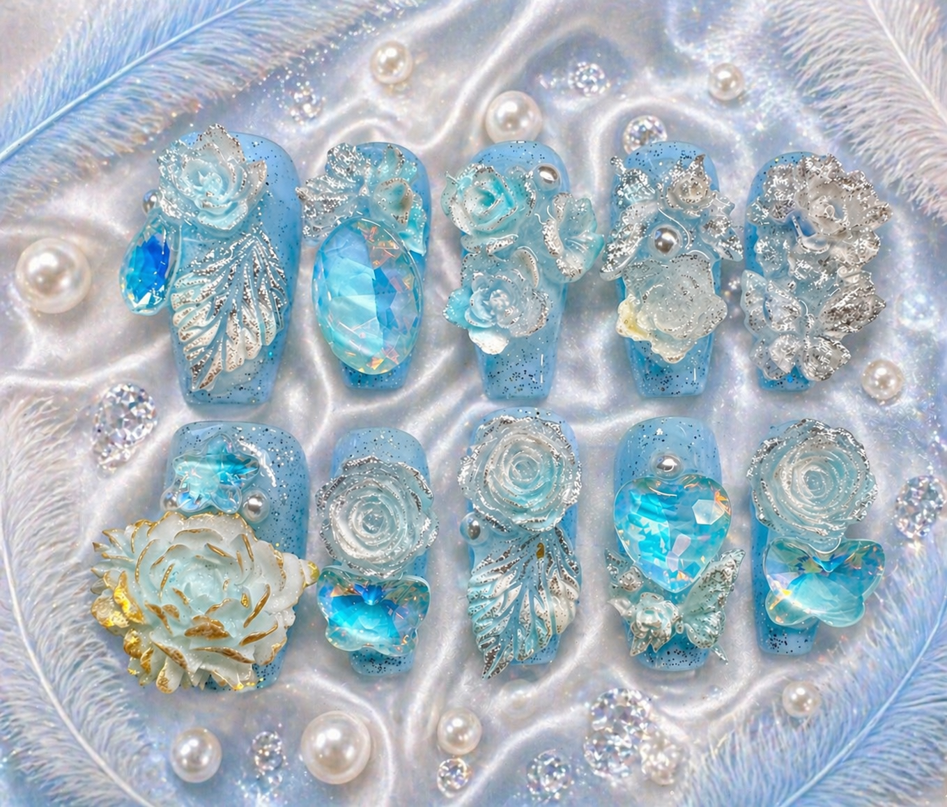 ❄️ Icy Blue Royal Bloom Press-On Nails 💎 Size M