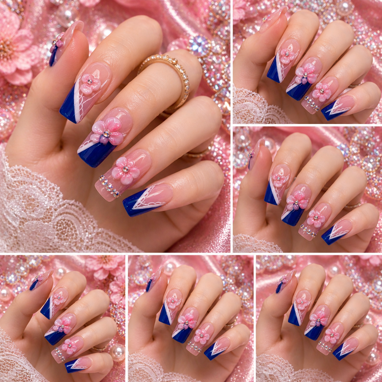 Royal Bloom Press-On Nails 💙🌸✨ Size M