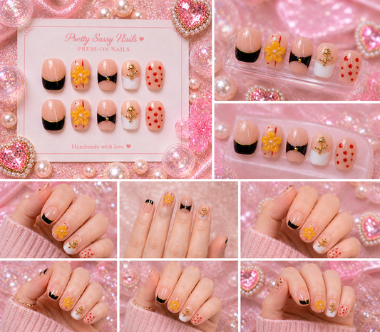 Blush French Pop Press-On Nails – Short Square Glossy Set with 3D Flower & Gold Charm Accents Size M