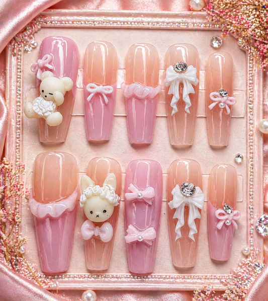 Coquette Teddy Bow Press-On Nails 🎀🧸✨ Size M
