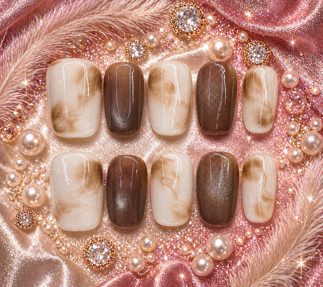 Mocha Marble Glow ✨ | Glossy Neutral Press-On Nail Set Size L
