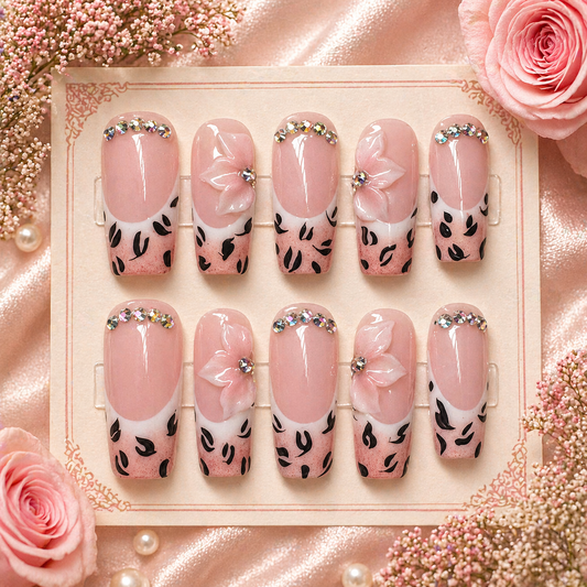 Blush Wildflower Glam Press-On Nails 🌸🐆 Size M