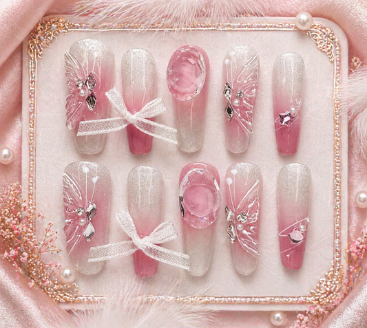 Pink Butterfly Princess Press-On Nails 🎀🦋 Size M
