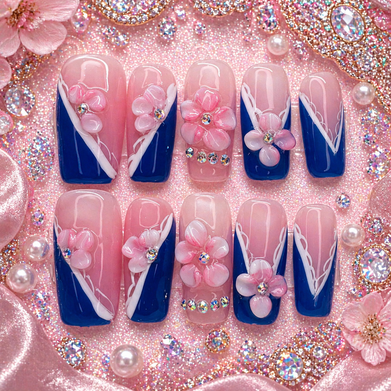 Royal Bloom Press-On Nails 💙🌸✨ Size M