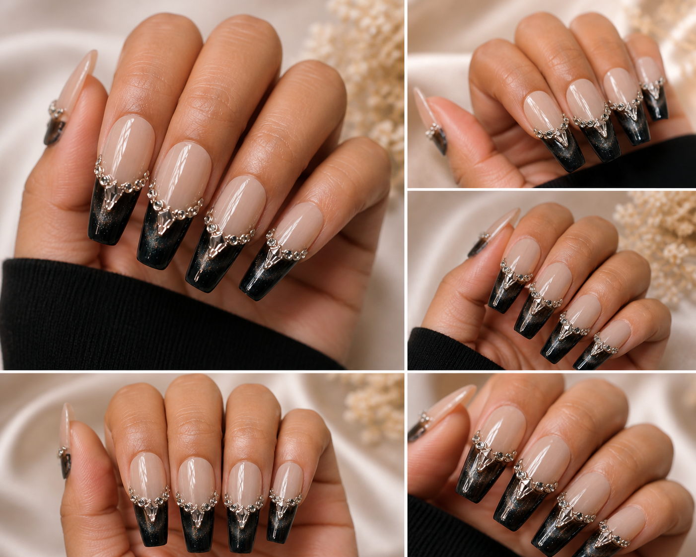 Midnight Crown French Tip Press-On Nails 🖤✨ Size M