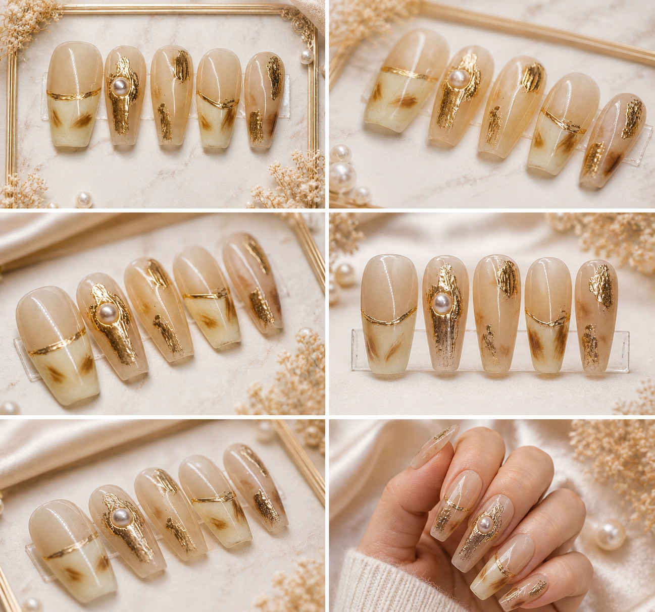 Golden Pearl Luxe Press-On Nails ✨🤍 Size M