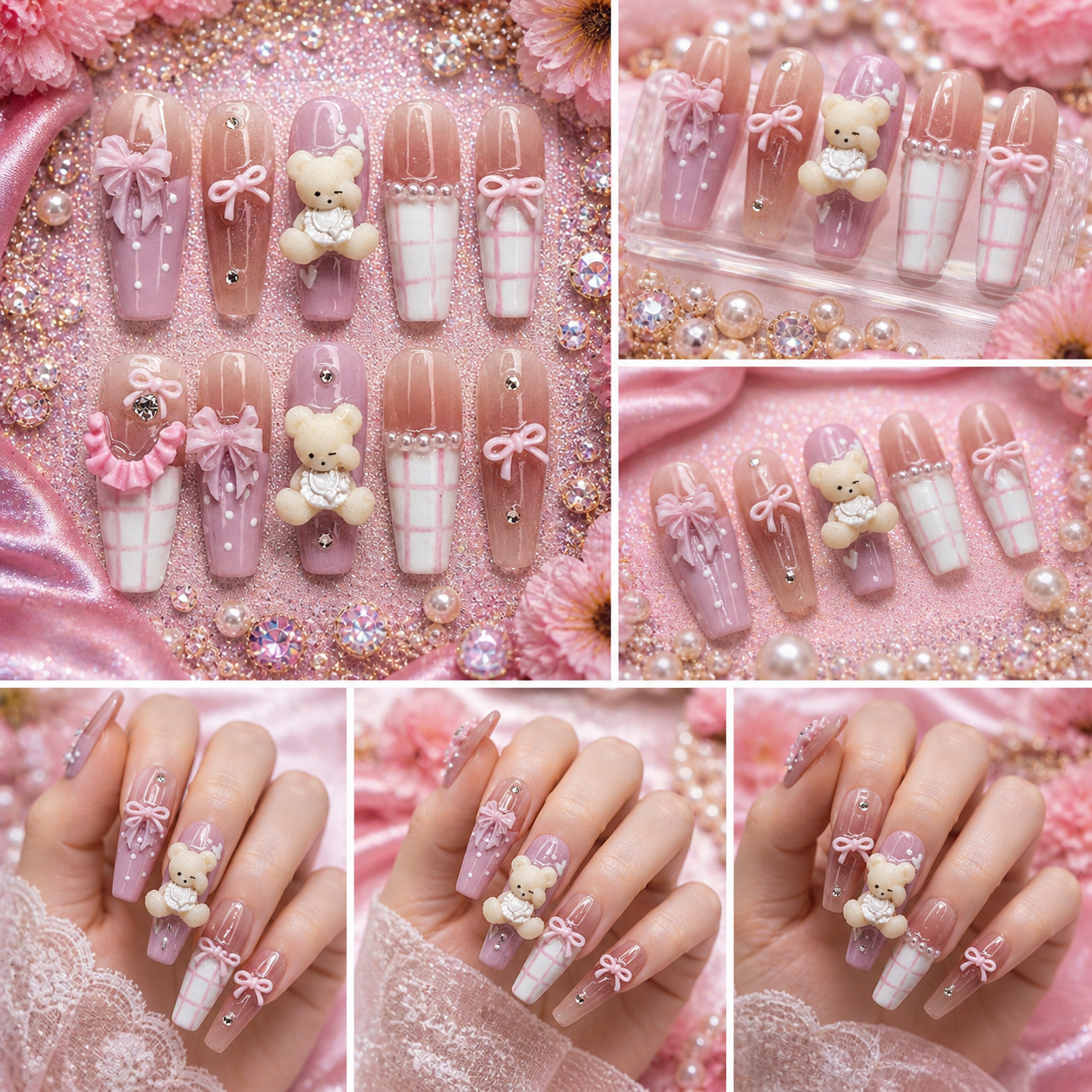 Sweet Teddy Princess Press-On Nails 🧸🎀✨ Size M