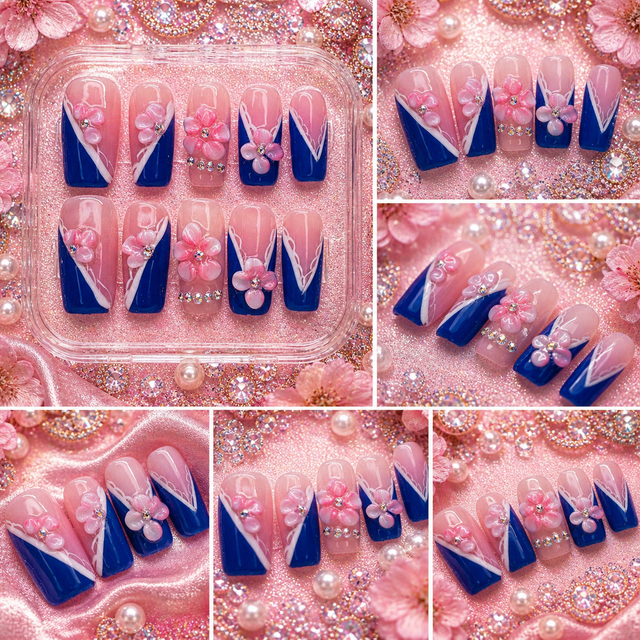 Royal Bloom Press-On Nails 💙🌸✨ Size M