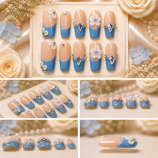 Baby Blue Blossom Press-On Nails 💎🩵 Size M