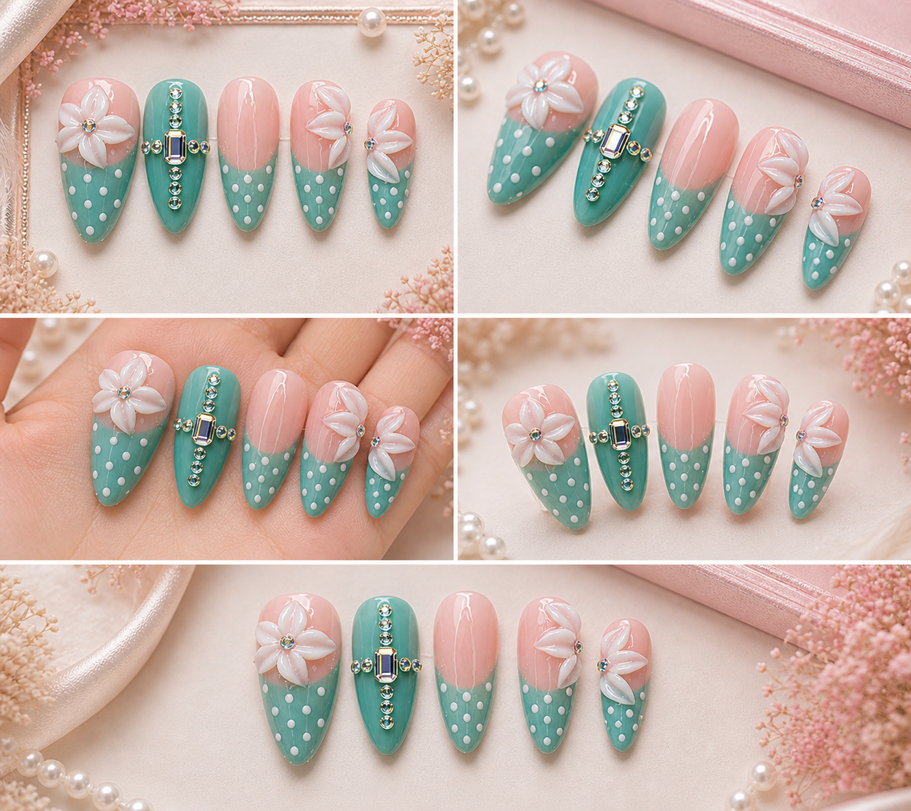 Mint Blossom Luxe Press-On Nails 🌸💎 Size M