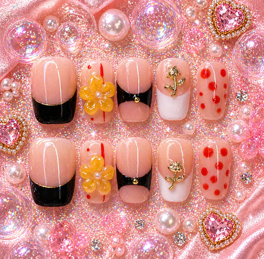 Blush French Pop Press-On Nails – Short Square Glossy Set with 3D Flower & Gold Charm Accents Size M