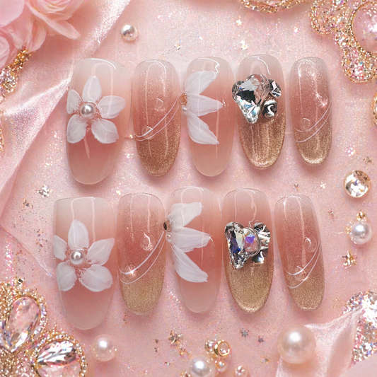 Blush Champagne Bloom Press-On Nails ✨🌸 Size M