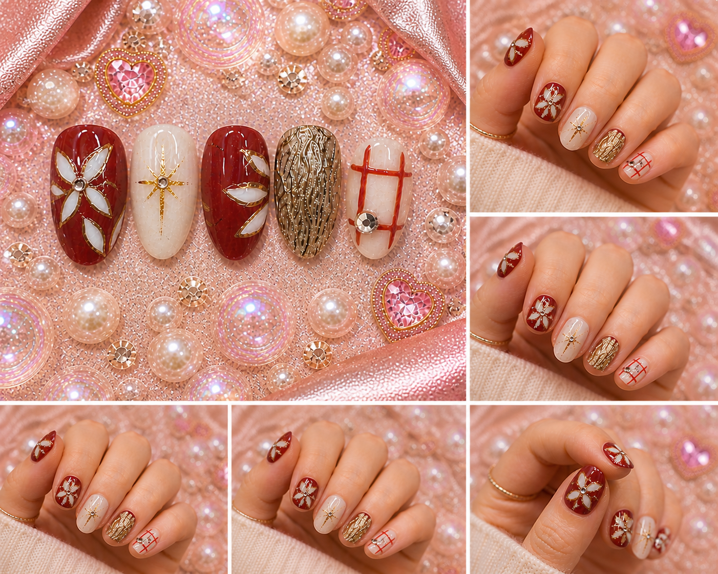 Ruby Gold Blossom Press-On Nails ❤️✨ Size M
