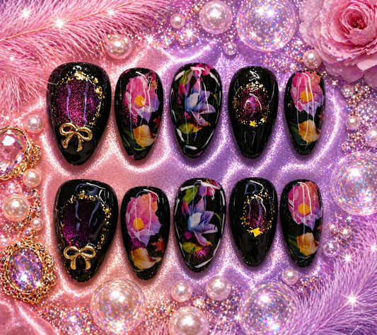Midnight Bloom Glam – 5pc Luxury Floral Press-On Nail Set ✨🌸 Size M