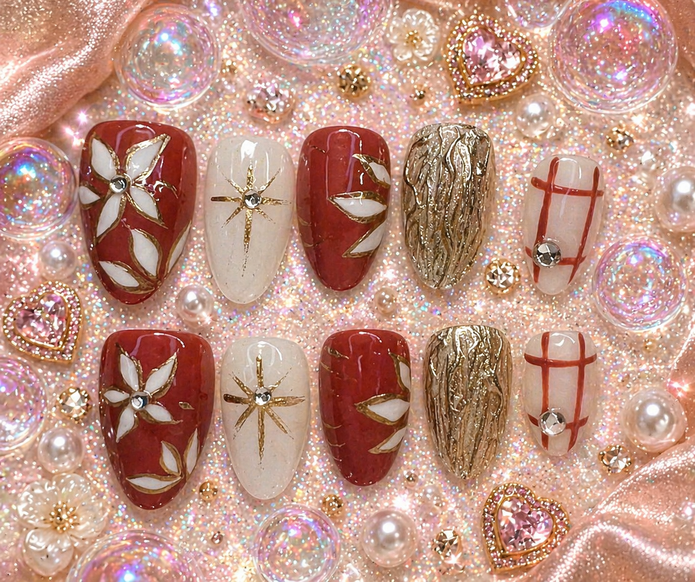 Ruby Gold Blossom Press-On Nails ❤️✨ Size M