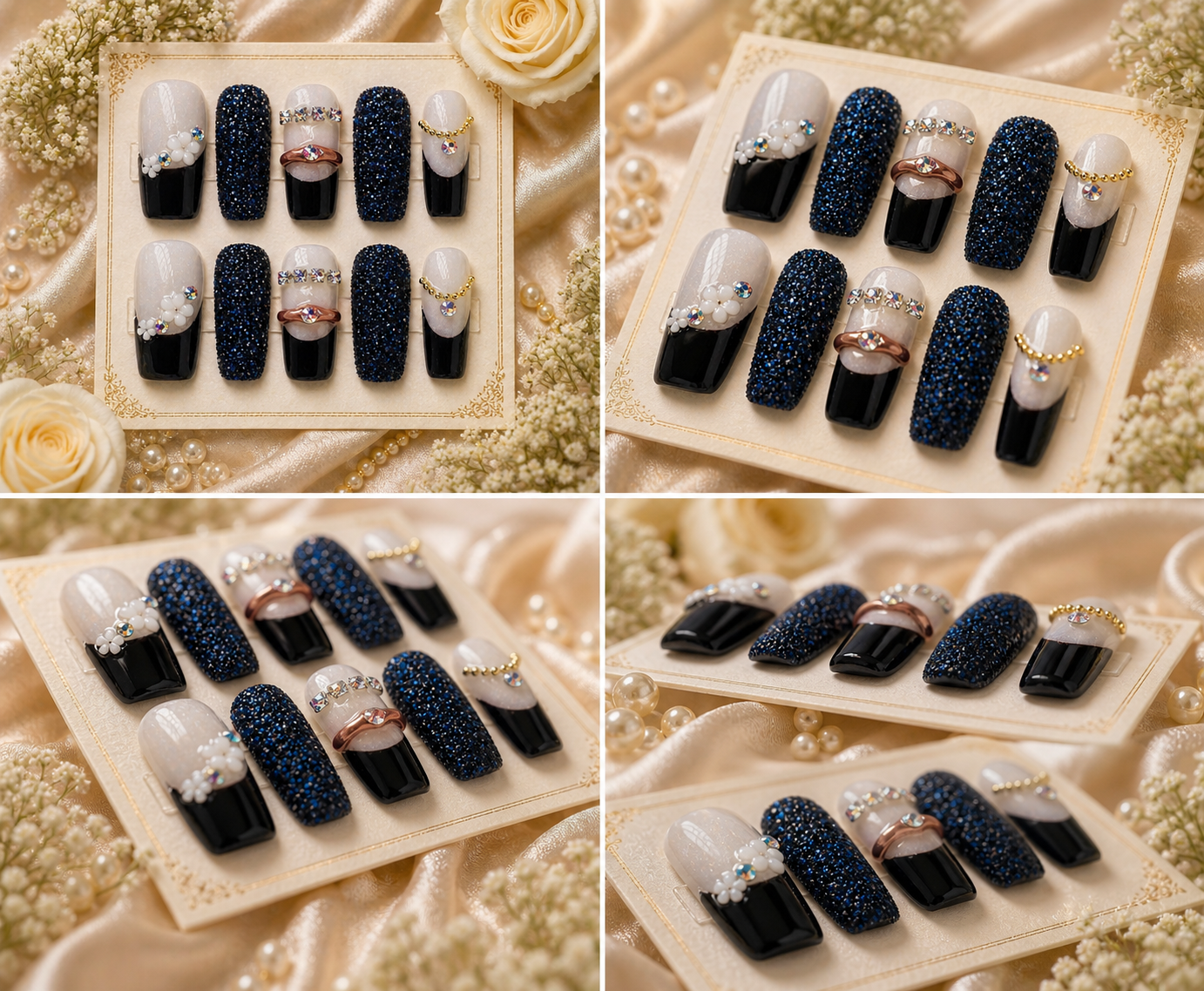 Midnight Pearl Glam Press-On Nails 🖤✨ Size M