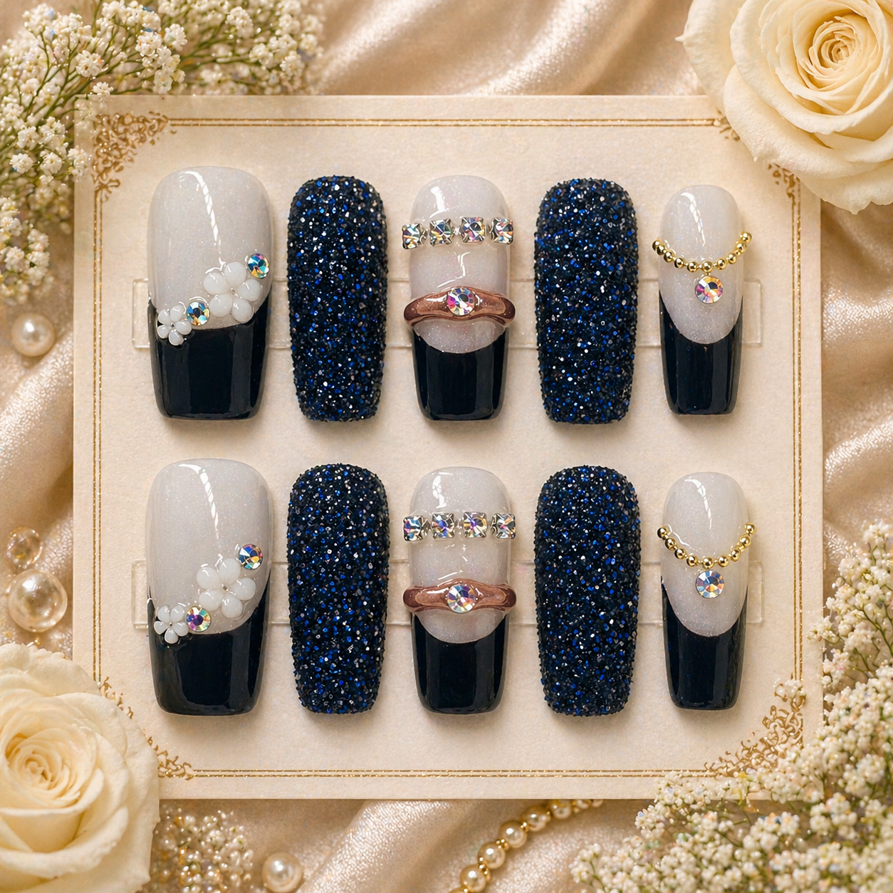 Midnight Pearl Glam Press-On Nails 🖤✨ Size M