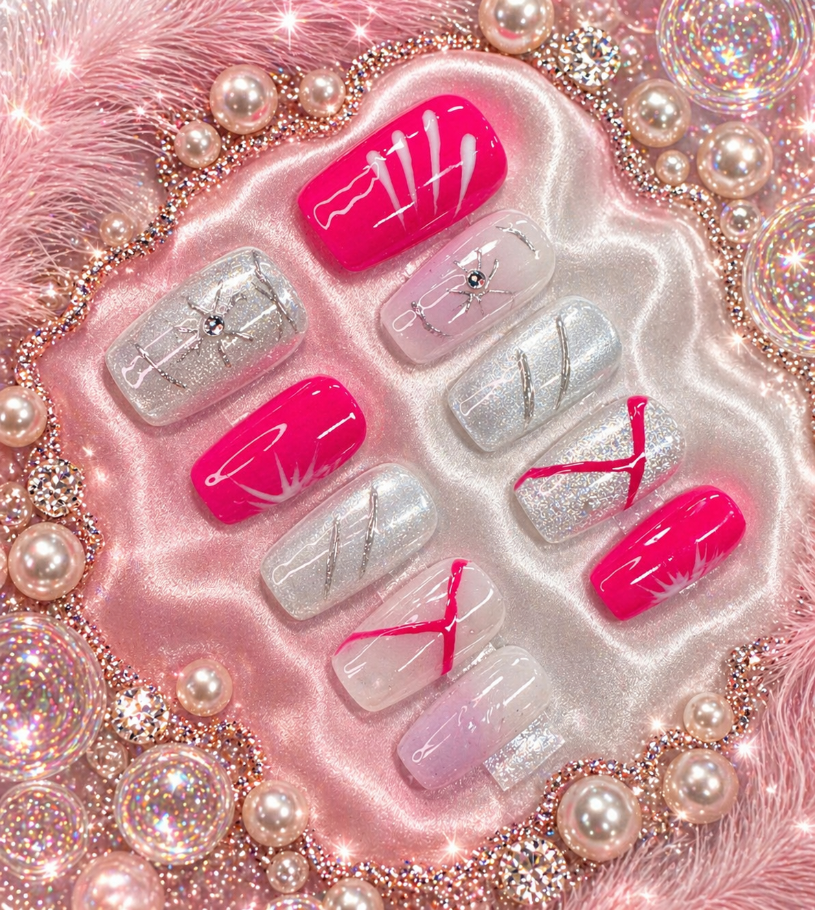 Pink Ice Bling Press-On Nails (5 Nail Set) | Short Narrow Glossy Set Size M