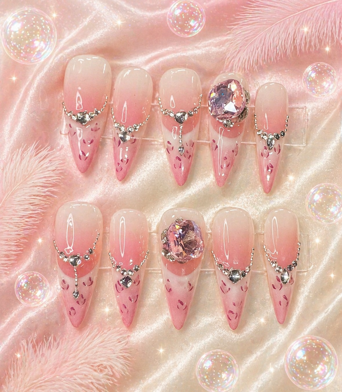 Blush Crystal Drip Press-On Nails ✨💎 Size L