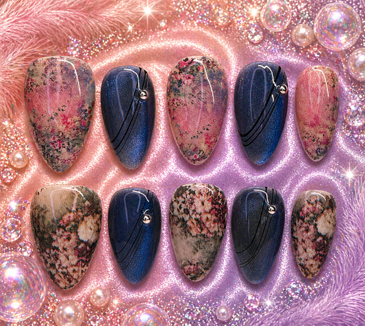 Blush Galaxy Almond Press-On Nails | Soft Glam Pink & Navy Set Size M