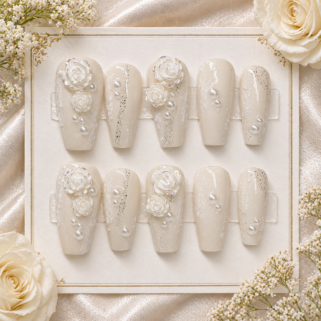 Pearl Rose Bridal Press-On Nails 🤍🌹 Size M