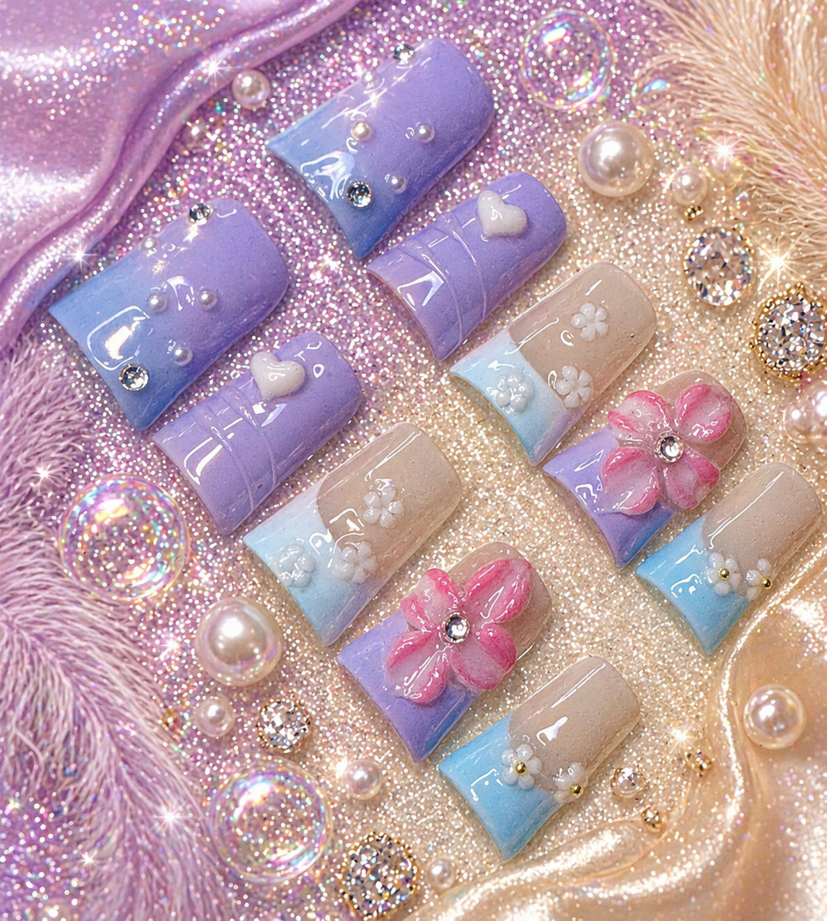 Pastel Blossom Short Press-On Nails 🌸💜 Size M