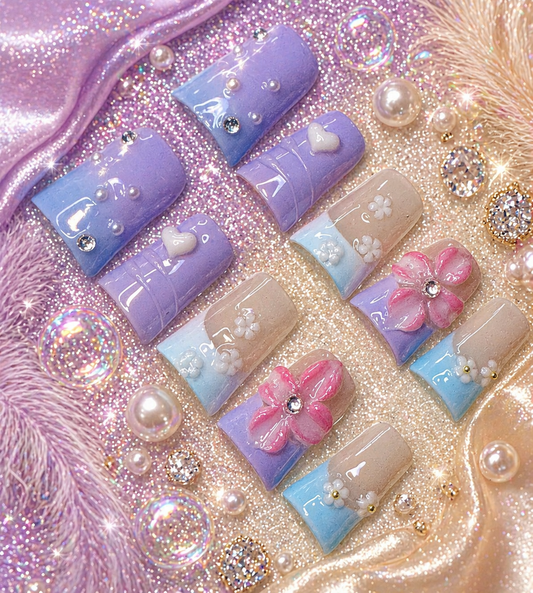 Pastel Blossom Short Press-On Nails 🌸💜 Size M