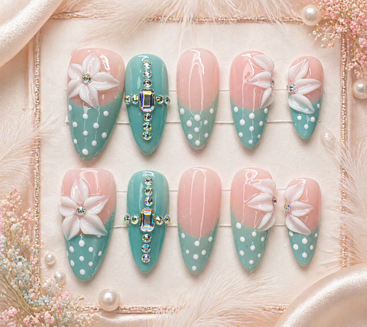 Mint Blossom Luxe Press-On Nails 🌸💎 Size M