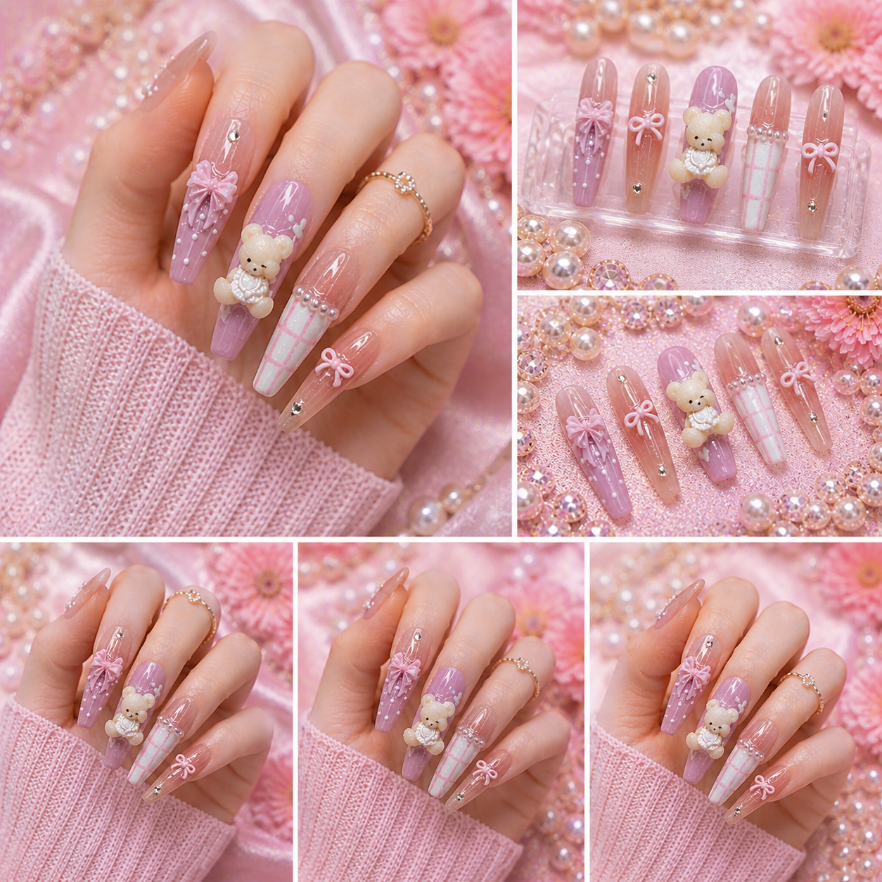 Sweet Teddy Princess Press-On Nails 🧸🎀✨ Size M