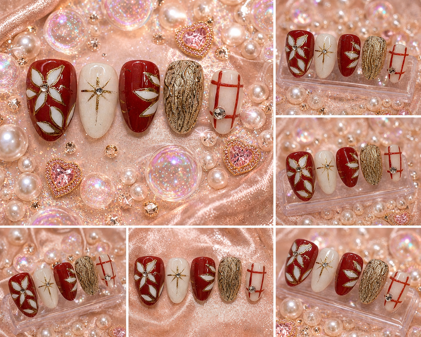 Ruby Gold Blossom Press-On Nails ❤️✨ Size M