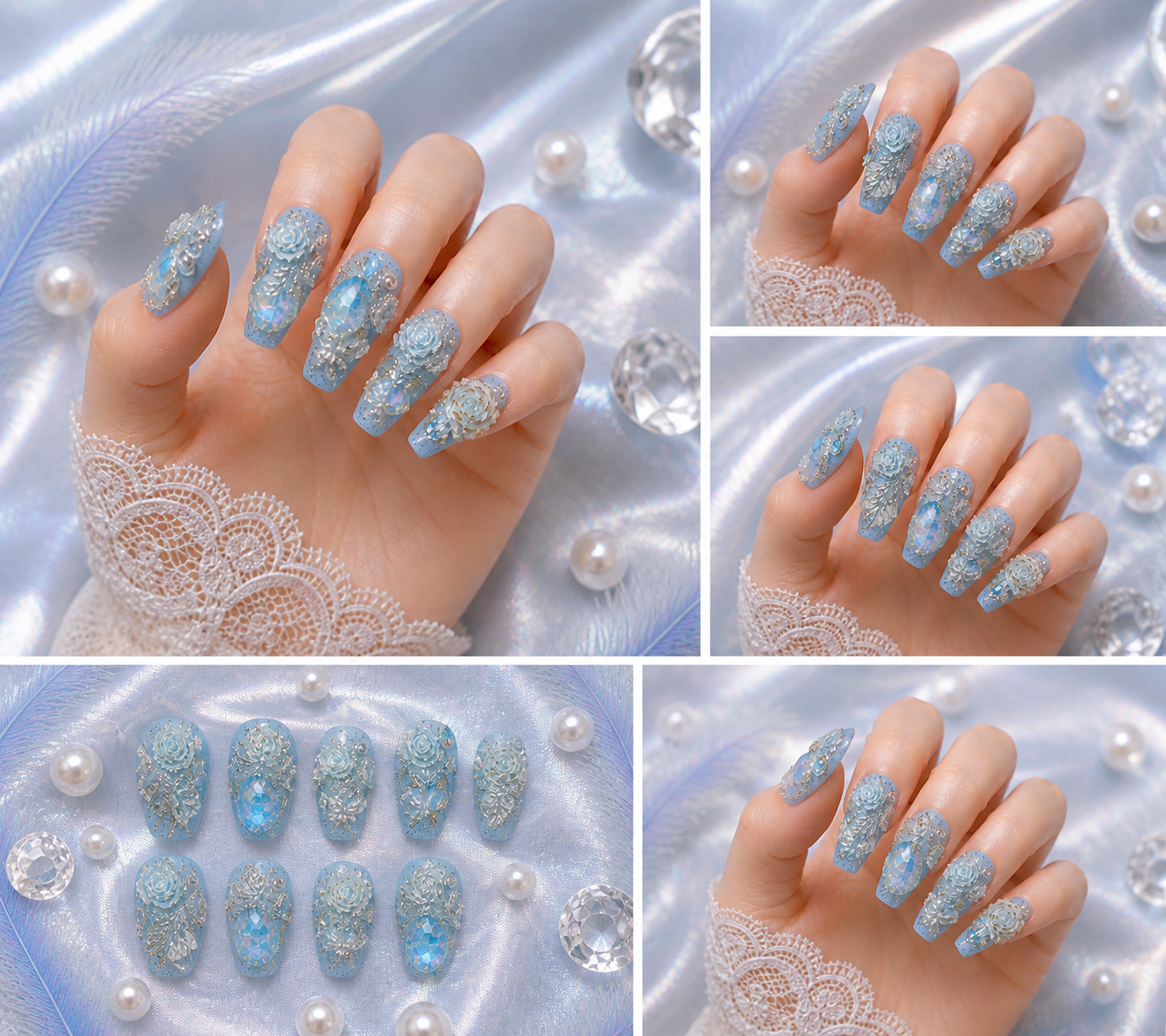 ❄️ Icy Blue Royal Bloom Press-On Nails 💎 Size M