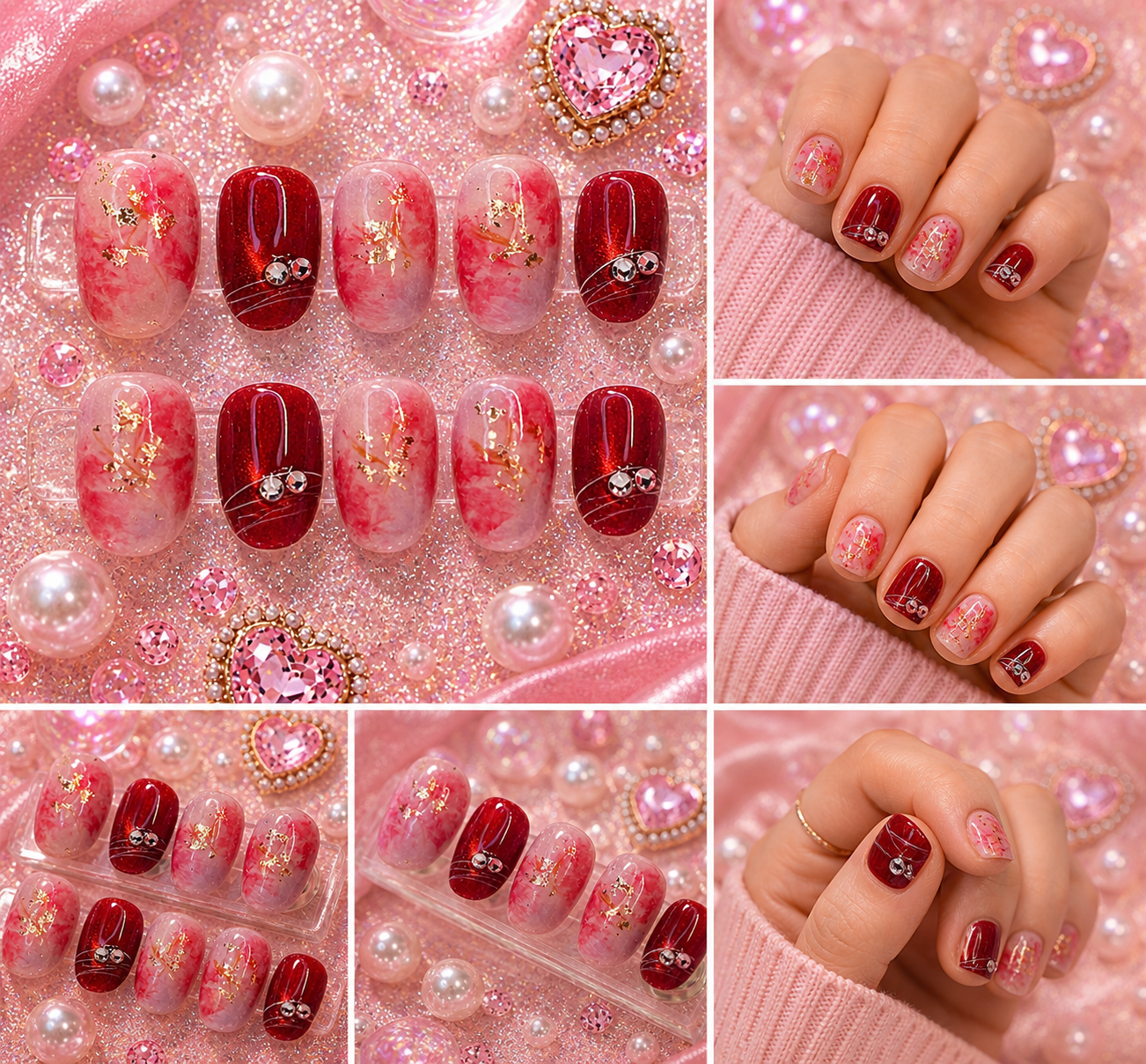 Ruby Blush Marble Press-On Nails ❤️✨ Size M