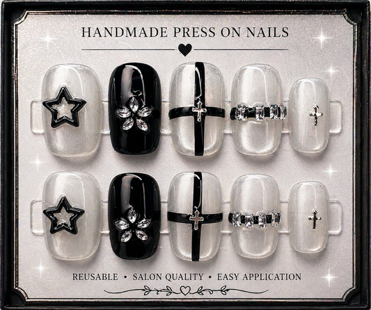 Midnight Pearl Cross Press-On Nails 🖤✨ Size L