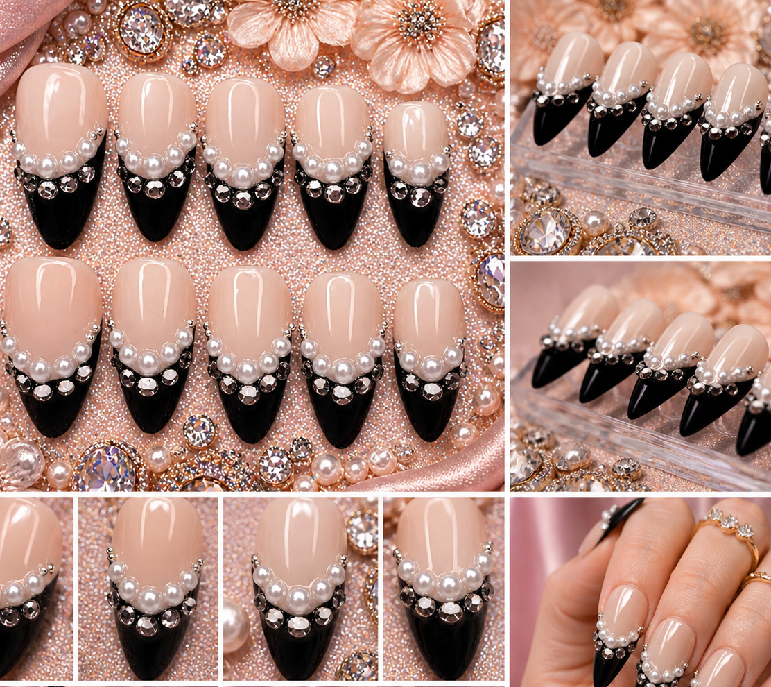 Midnight Pearl Luxe Press-On Nails 🖤✨ Size M