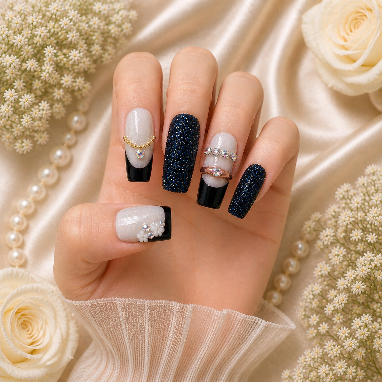 Midnight Pearl Glam Press-On Nails 🖤✨ Size M
