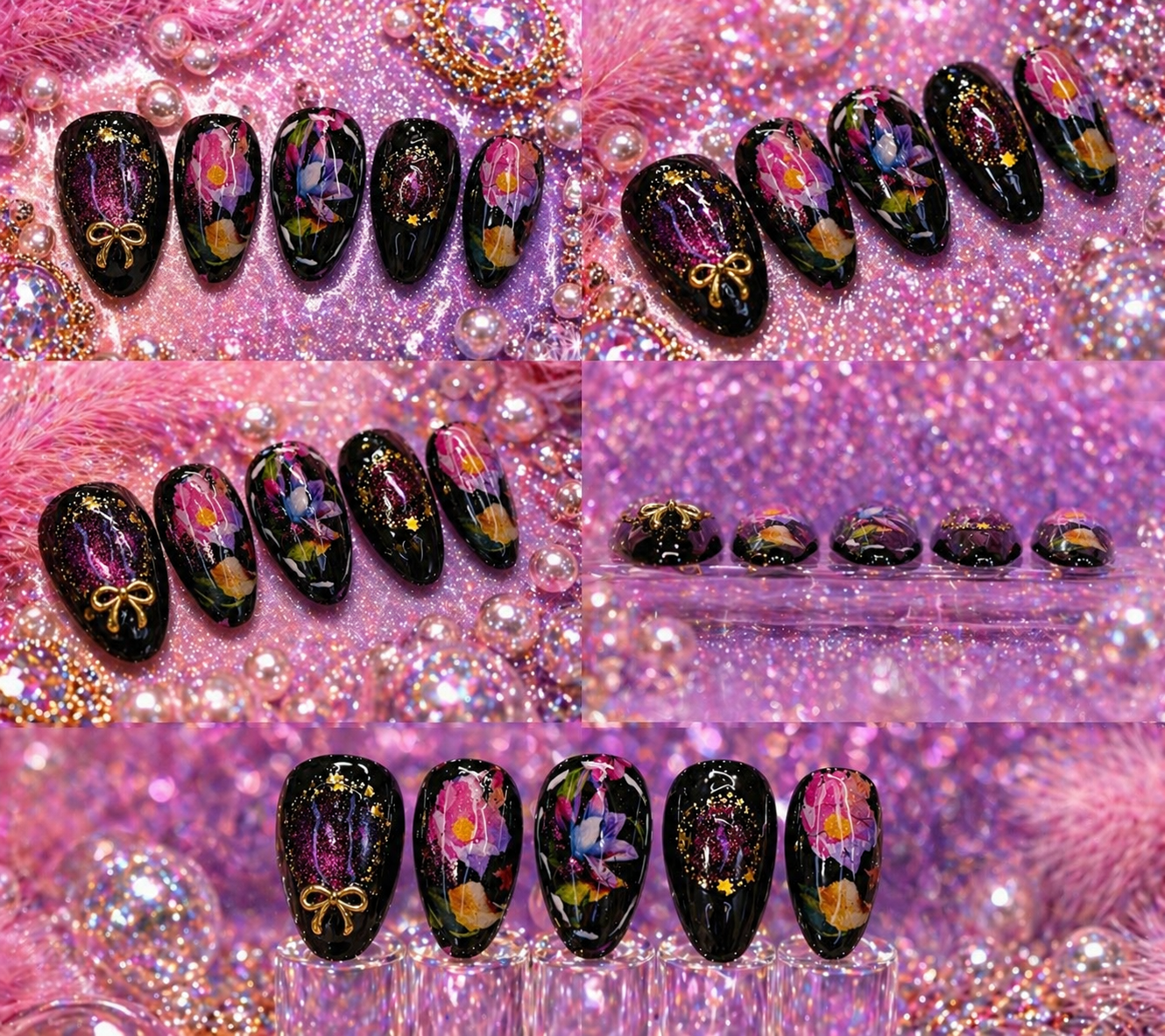 Midnight Bloom Glam – 5pc Luxury Floral Press-On Nail Set ✨🌸 Size M